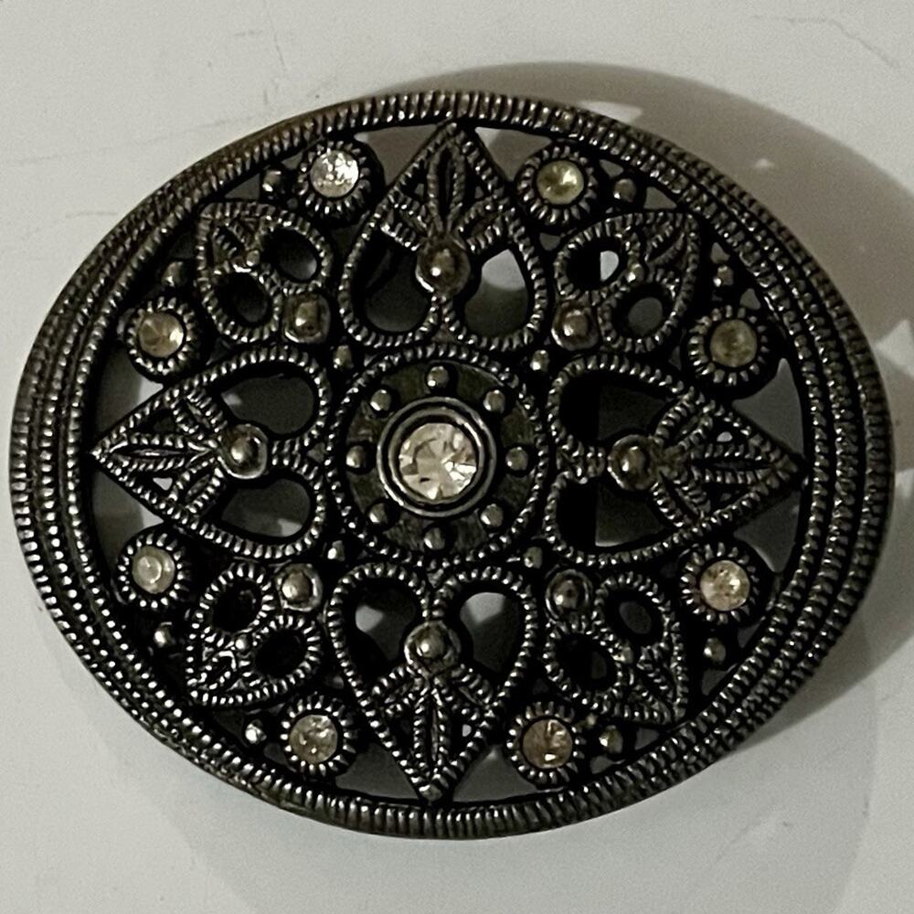 Vintage Ornate Silver Metal Oval Belt Buckle Heart design Clear Rhinestones 3 In